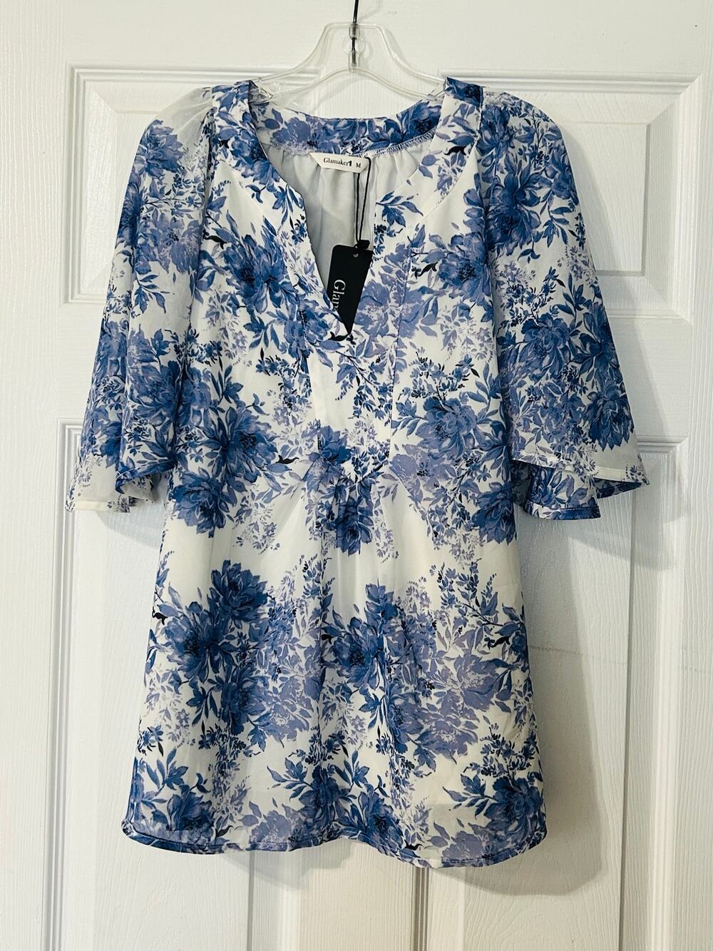 Glamaker white/blue floral blouse size M #floral #workwear